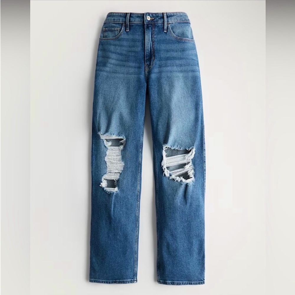NWT Hollister Medium Denim Ultra High Rise Dad Jeans Stretch Sz 15 Short 32/S - Picture 1 of 4